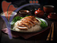 Hainanese Chicken Rice With Ginger And Soy Sauce On Wooden Table